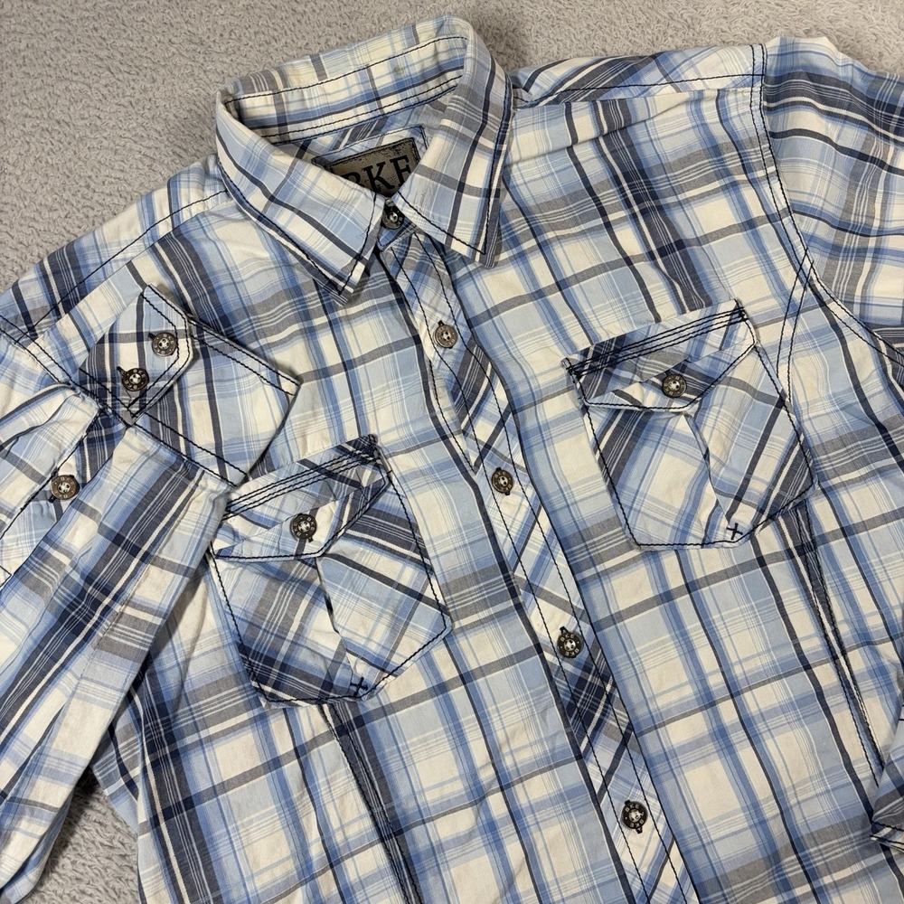 BKE Shirt Mens Large Western Pearl Snap Plaid Blue White Long Sleeve Pockets Y2K